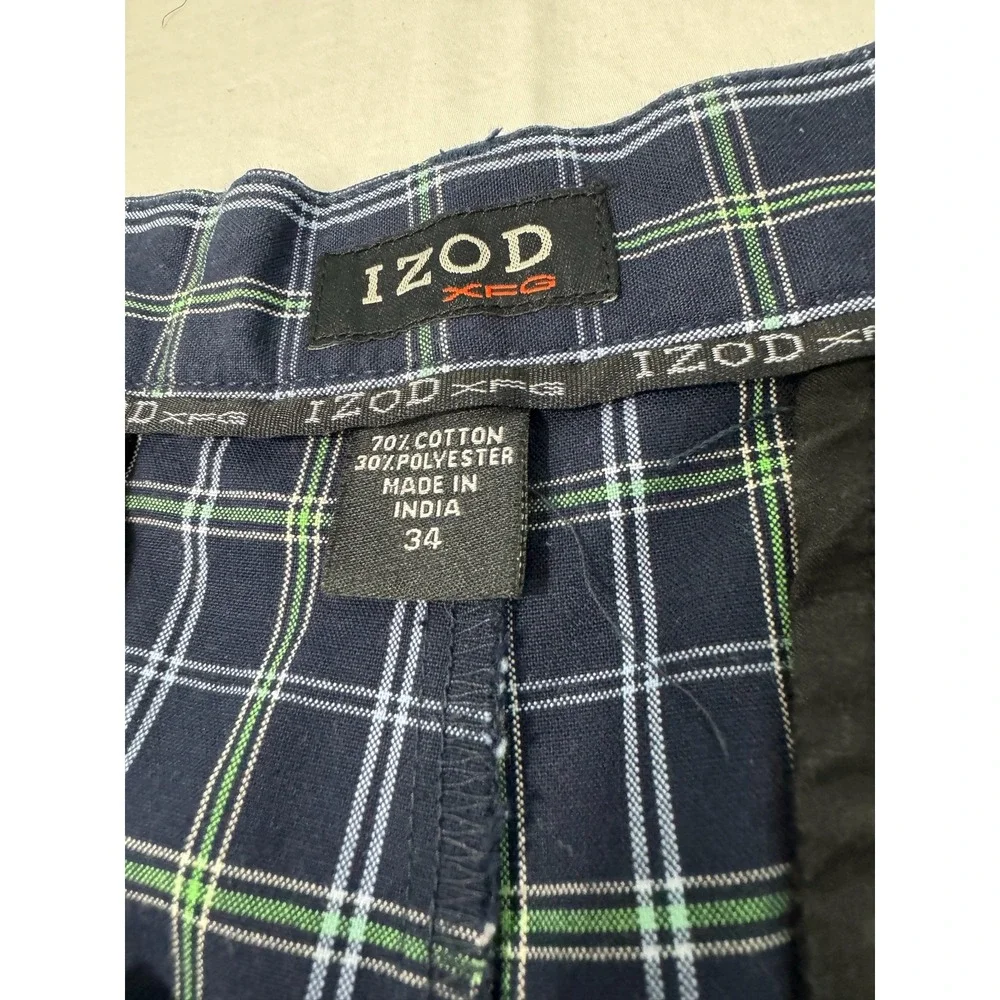 IZOD XFG Plaid Golf Shorts Mens 34 Navy Blue Lime Green Cotton Blend